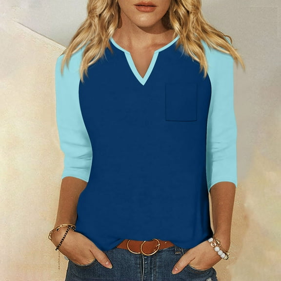 Shirt for Women's Fashion Casual Raglan Sleeve Pocket V Neck 3/4 Sleeve Loose Printed T-Shirt Ladies Top