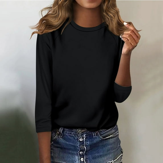 Shirt for Women's Fashion Casual Raglan Sleeve Round Neck 3/4 Sleeve Loose Solid Color T-Shirt Ladies Top