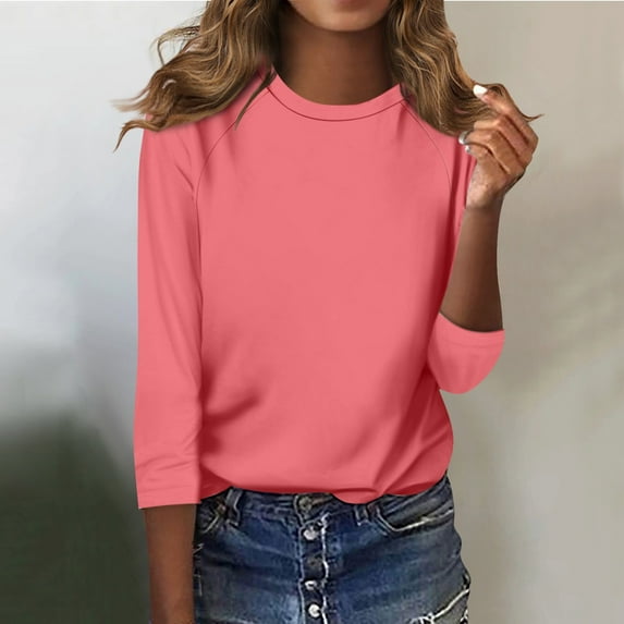 Shirt for Women's Fashion Casual Raglan Sleeve Round Neck 3/4 Sleeve Loose Solid Color T-Shirt Ladies Top