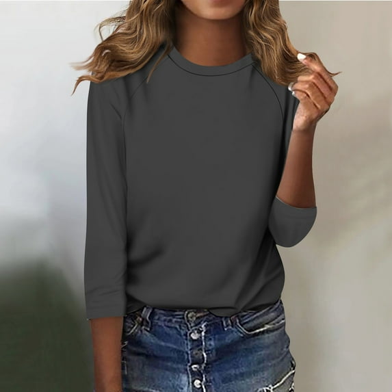 Shirt for Women's Fashion Casual Raglan Sleeve Round Neck 3/4 Sleeve Loose Solid Color T-Shirt Ladies Top