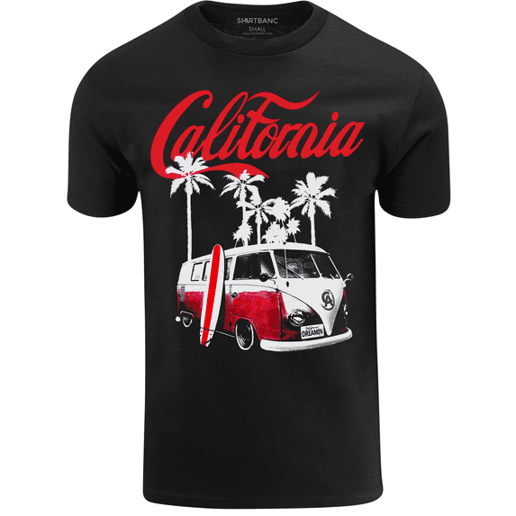 ShirtBANC Mens California Dreaming Beach Van and Surfboard Shirt Beach Tee