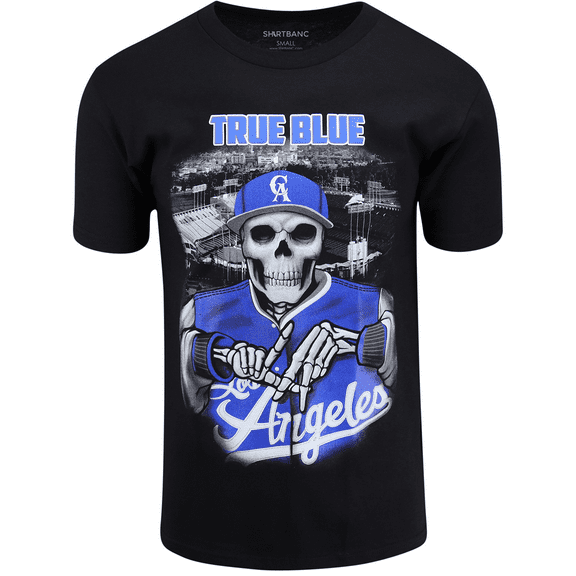 ShirtBANC Mens Los Angeles California Baseball Shirt, True Blue Skeleton Tee