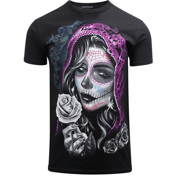 ShirtBANC Mens Sugar Skull Shirt Rockabilly Day of the Dead Culture Design Tee