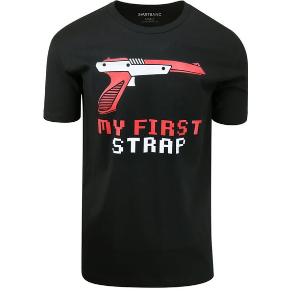 ShirtBANC My First Strap 8bit Mens Shirt Red Gun Tee