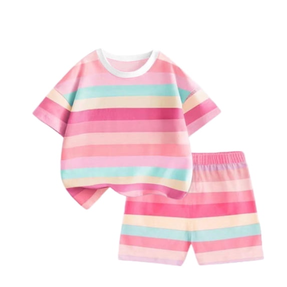 Shirts 2PC Sets for Kids Girl Boy Summer Fall Rainbow Print Match Lounge Two Piece Striped Straight Leg Tops Tees Shorts 2PC Sets Kid 2026 Clothing 9 Years