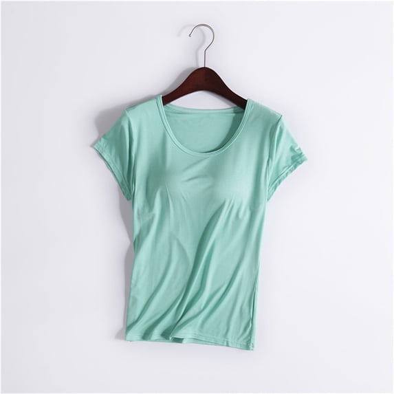 Shirts with Built in Bra for Women Undershirts Soft Padded Stretchy Tops Push Up Work Shirt Slim Fit Short Sleeve Sports Yoga Shirts Gum Running Tops T-Shirts Sleepwear Casual Y2K Tee Mint Green