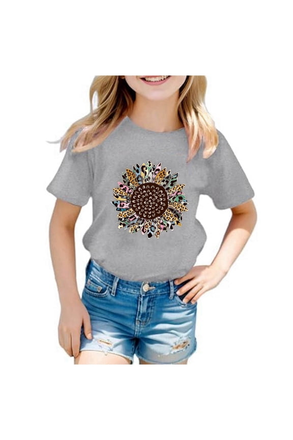 Shirts For Girls 10-12 Kids Boys Girls Casual Sunflower Print Crew Neck Short Sleeve TShirt Top Grey, 13-14 Years