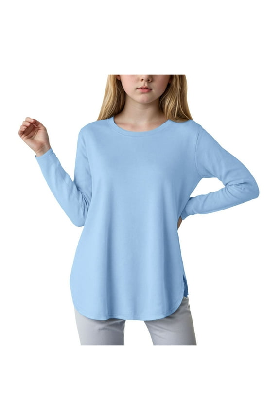 Shirts For Girls 10-12 Teen Girl Shirts Girls Long Sleeve Shirts Kids Curve Hem Side Slit Soft Tunic Tops T-Shirts Light Blue 4-5 Years