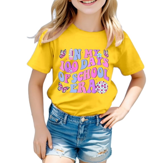 Shirts For Girls Dressy Casual Short Sleeved Round Neck 100 Days Of School Print Solid Color Loose Fit Ages 3-13 Tops