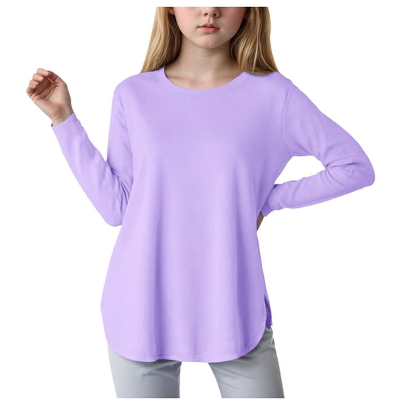 Shirts For Girls White Tshirt For Girls Girls Long Sleeve Shirts Kids Casual Crewneck Soft Side Slit Tunic Tops Blouse Purple 5-6 Years