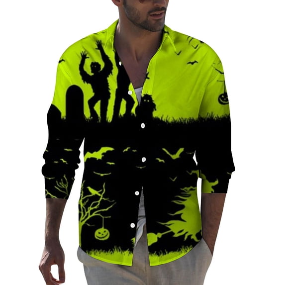 Shirts For Men Casual 3D Halloween Printing Long Sleeve Button Down Lapel Dress Blouse Outdoor Comfortable Loose Fall Tops Green XL