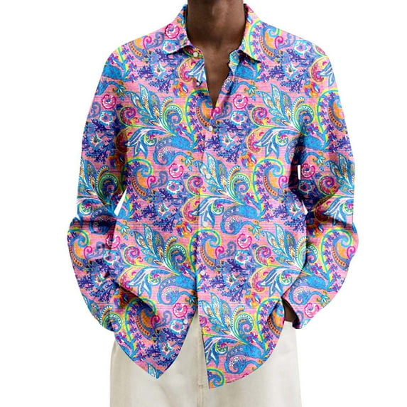 Shirts For Men Casual Plus Size Loose Full Carnival Digital Print Lapel Long Sleeve Button Down Blouses Loose Fall Tops Light Purple XXXL