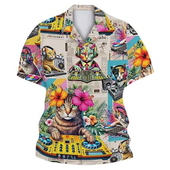 Shirts for Men Casual Stylish Full Printed Short Sleeve Button Down Lapel Blouses Comfortable Outdoor Activities Loose Summer Tops Light Gray XXXL