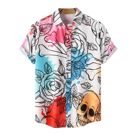 Shirts for Men Halloween Short Sleeve Lapel Button Down Multicolor Floral Print Blouses Casual Summer Tops Multicolour XXL