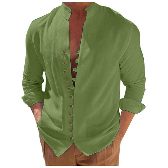 Shirts For Men Long Sleeve Retro Beach Holiday Button Down Solid Color Blouses Casual Loose Summer Tops Green L