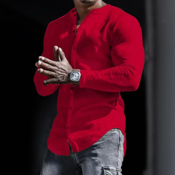 Mrzhqd Shirts For Men Male Autumn And Winter Cotton Single Long Sleeved Solid Color Collarless Outdoor Shirt