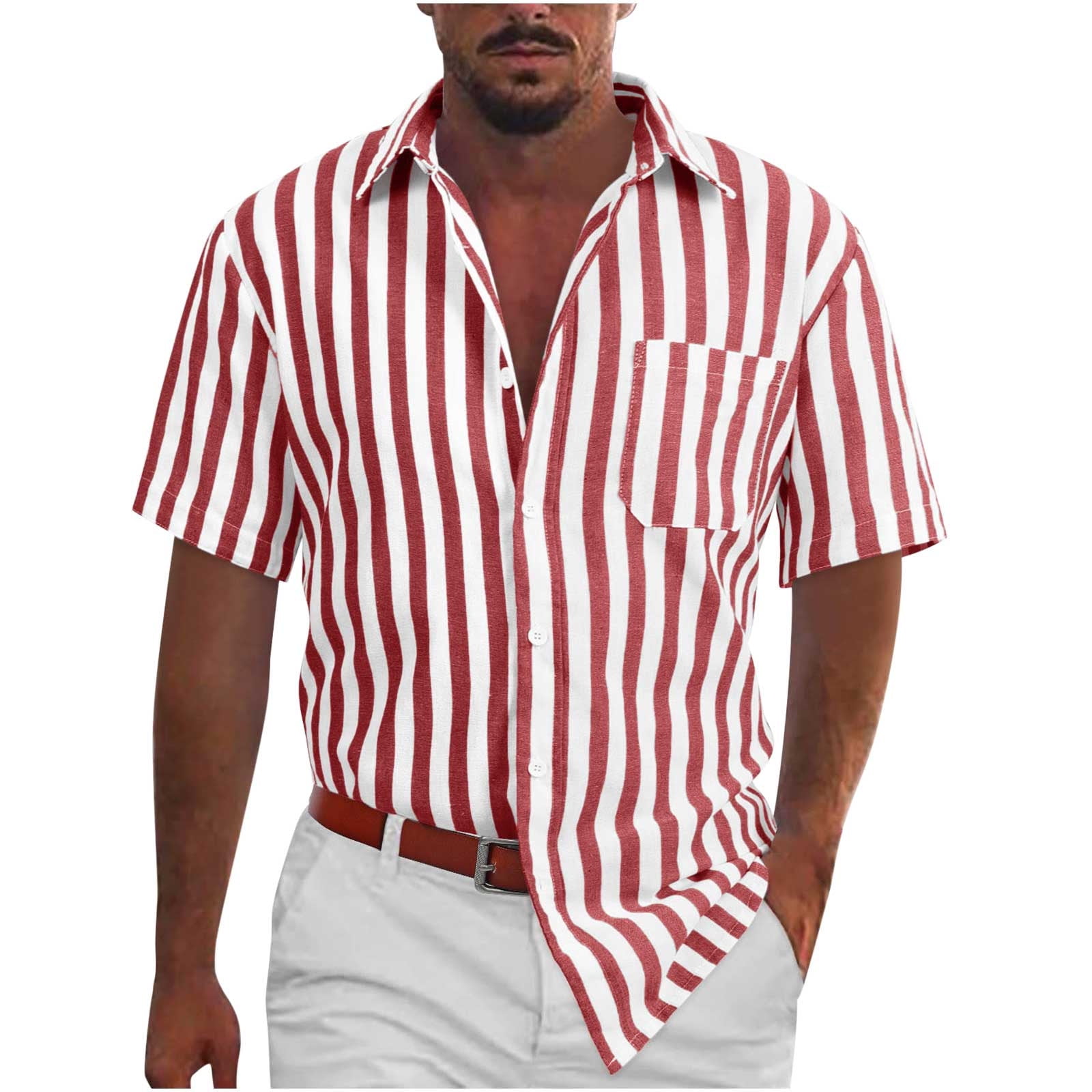 Shirts For Men Men Fashion Casual Buttons Stripe Turndown Short Sleeve Shirt Blouse Tops Cotton