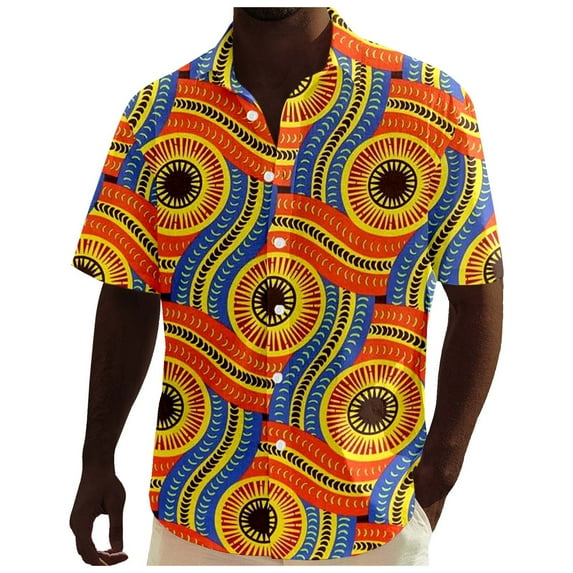 Shirts for Men Short Sleeve African Dashiki Traditional Style Summer Hawaii Beach Floral Print Blouses Casual Summer Tops Orange L