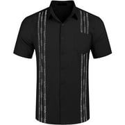 AOMPMSDX Shirts For Men Short Sleeve Linen Shirt Cuban Beach Tops Pocket Guayabera Shirts Black Handsome Daily Wearing For Men L