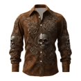 thumbnail image 1 of Shirts For Men Skeleton Flower Print Lapel Collar Button Down Halloween Long Sleeve Top Pattern Unpocketed Tee Casual Beach Summer Out Tops, 1 of 3