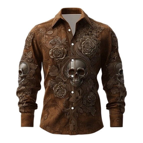 Shirts For Men Skeleton Flower Print Lapel Collar Button Down Halloween Long Sleeve Top Pattern Unpocketed Tee Casual Beach Summer Out Tops