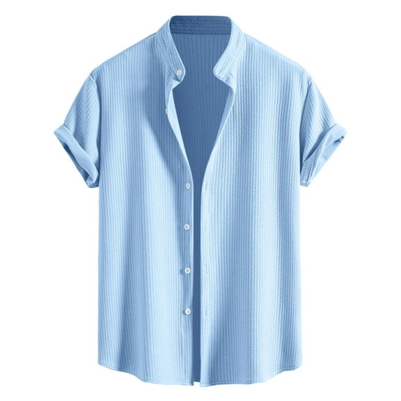 Shirts for Men Solid Color Short Sleeve Lapel Button Down Blouses Lightweight Soft Loose Casual Summer Tops Light Blue L