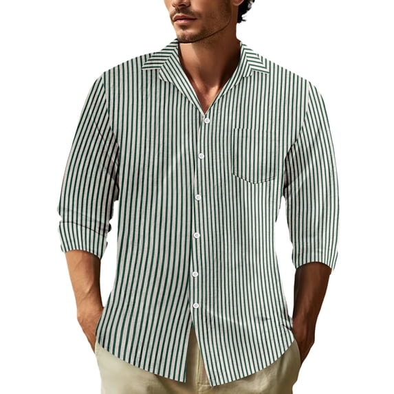 Shirts For Men Striped Long Sleeve Button Down Lapel Blouses Casual Outdoor Comfortable Loose Fall Tops Dark Green XL