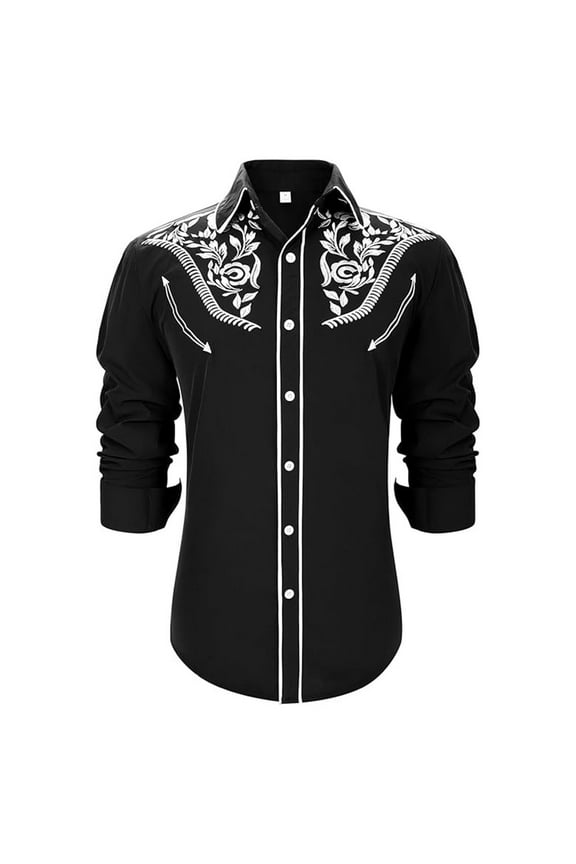 Shirts for Men Western Cowboy Embroidered Long Sleeve Button Down Lapel Business Blouses Casual Comfortable Slim Fit Summer Tops Black L