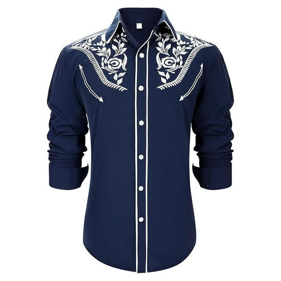 Shirts for Men Western Cowboy Embroidered Long Sleeve Button Down Lapel Business Blouses Casual Comfortable Slim Fit Summer Tops Navy XL