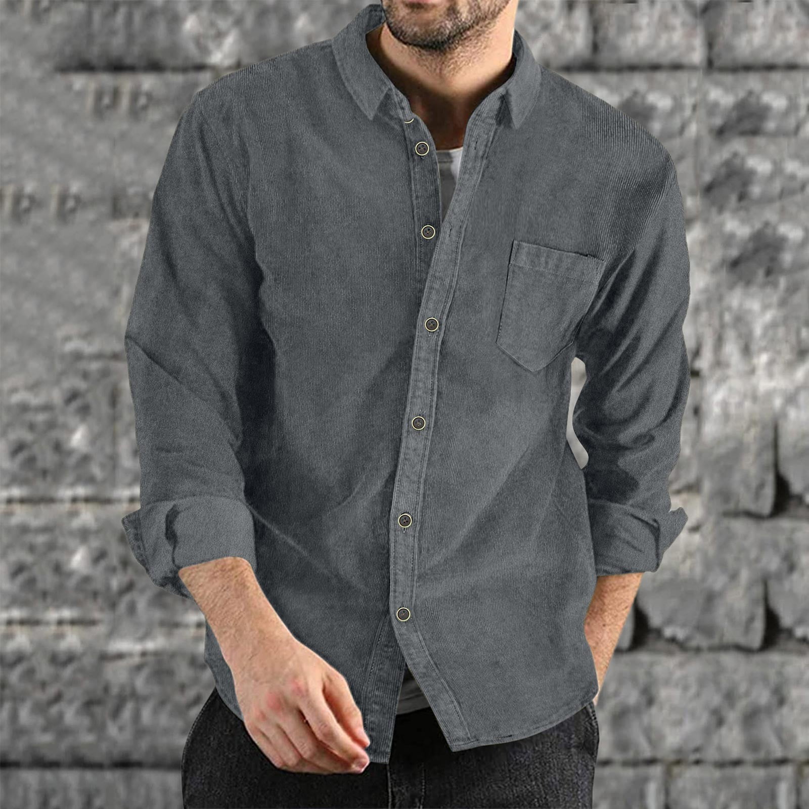 Fall Corduroy Long Sleeve Shirts for Men Gray Mens Autumn