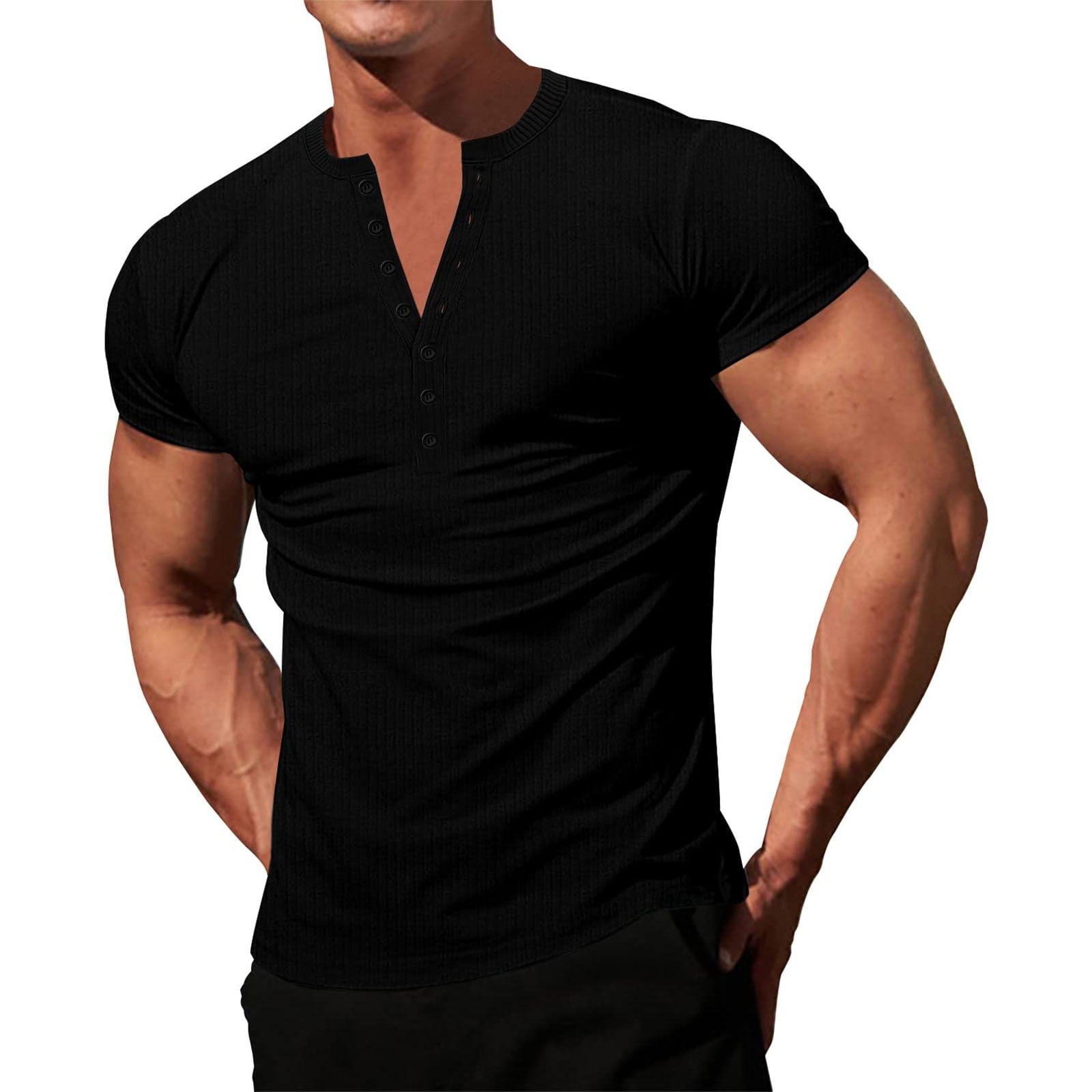 Shirts For Mens Knit Stretch Henley Shirt Workout Slim Fit Short Sleeve Tees Muscle Casual T Shirt Black