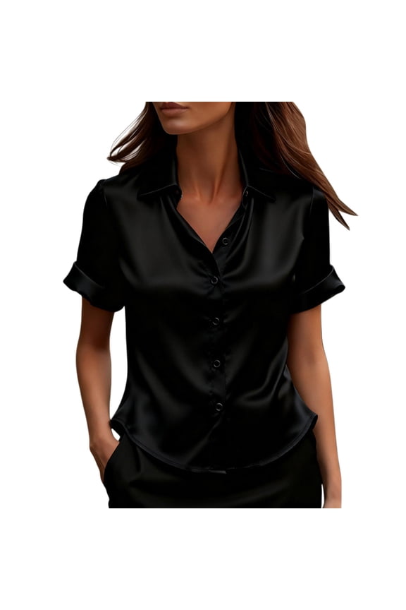 Shirts For Women Blouse For Short Sleeve Satin Button Down Shirts Casual Loose V Neck Business Work Top Womens Tops