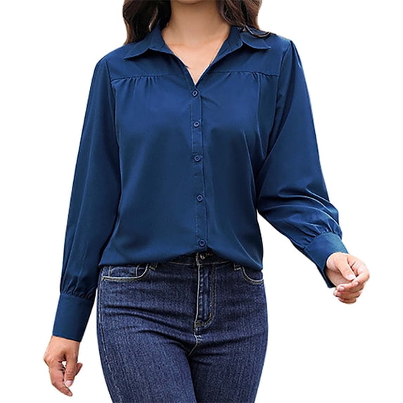 Shirts For Women Button Down Shirts Long Sleeve V Neck Tops Wrinkle Collared Work Solid Blouses Tops Womens Tops