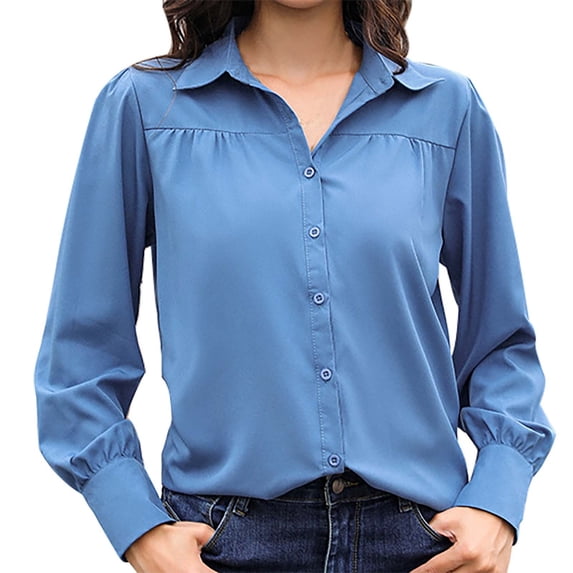 Shirts For Women Button Down Shirts Long Sleeve V Neck Tops Wrinkle Collared Work Solid Blouses Tops Womens Tops
