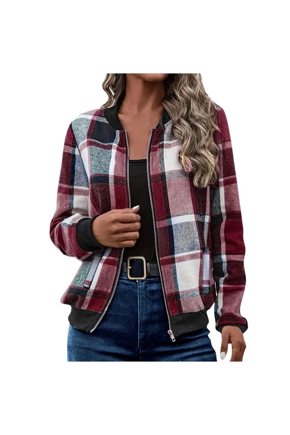 Shirts For Women Casual Zip Up Flannel Plaid Jackets Long Sleeve Baggy Outwear Coat Fall Pockets Jacket Long Sleeve Shirts For Women