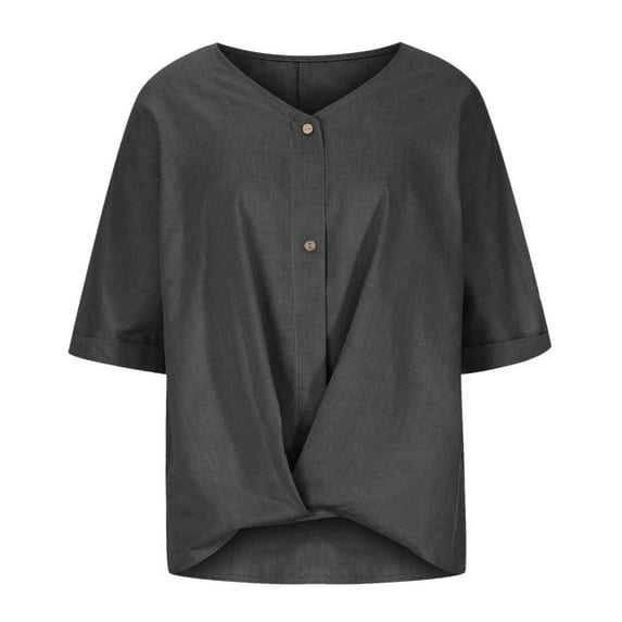 Shirts For Women Cotton And Linen Shirt Button V Neck Cover Loose Casual Top Grey Lightweight Dressy Blouse Shirts L