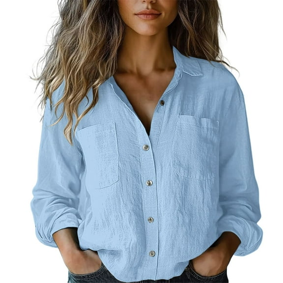 Shirts For Women Cotton Linen Down Shirt Spring Casual Long Sleeve Solid Color Shirts Loose Work Tops With Pockets Long Sleeve Shirts For Women