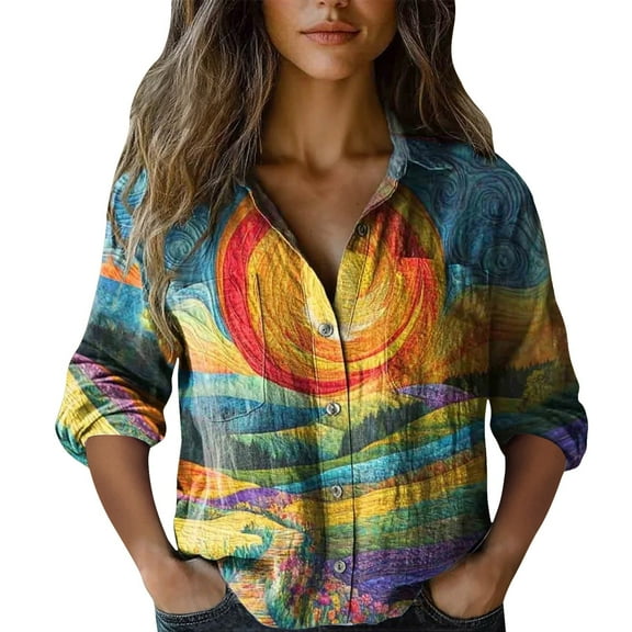 Shirts For Women Cotton Shirt Printed Fashionable Button Up Shirt Casual Top With Seven Quarter Sleeves Shirt Long Sleeve Shirts For Women