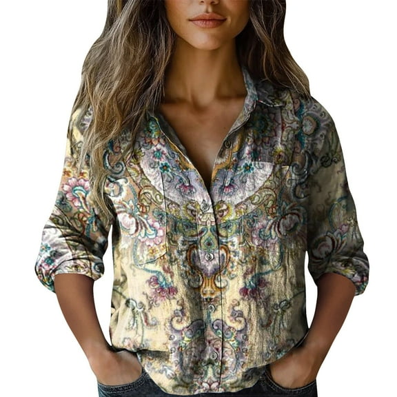 Shirts For Women Cotton Shirt Printed Fashionable Button Up Shirt Casual Top With Seven Quarter Sleeves Shirt Long Sleeve Shirts For Women