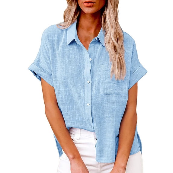 Shirts For Women Fashion Solid Linen Casual Loose Short Sleeve Button Shirt Womens Tops
