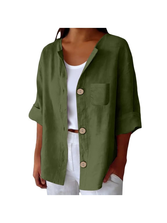 Shirts For Women Green Womens Shirts Fashion Comfortable Swea 3/4 Long Sleeve With Pocket Fall