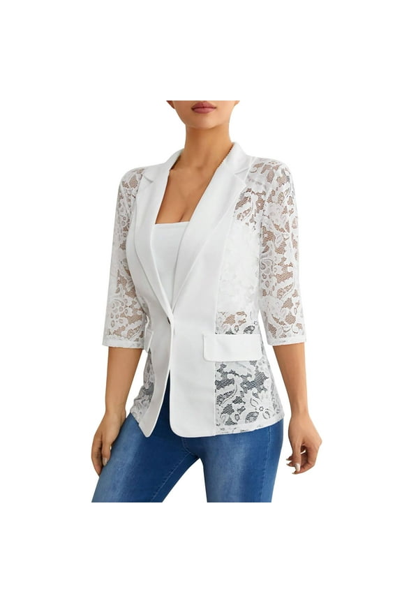 Shirts For Women Lace Long Sleeve Single Button Floral Mesh Lapel Neck Open Front Elegant Jacket Womens Tops