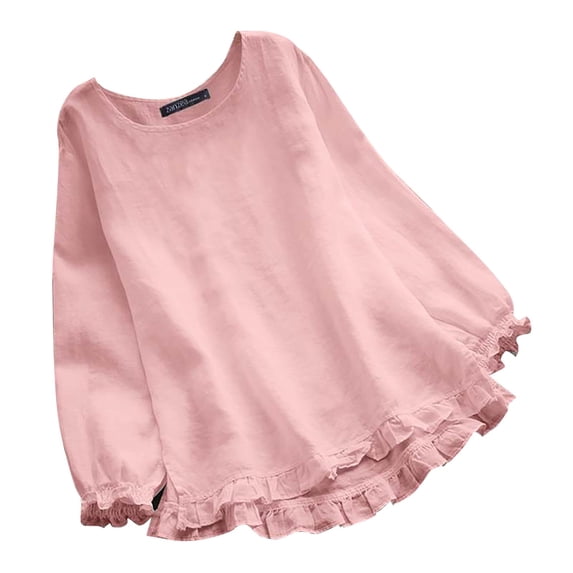 Shirts For Women Ladies Summer Solid Loose Ruffle Bottom Cuffs Crew Neck Long Sleeve Shirt Womens Tops