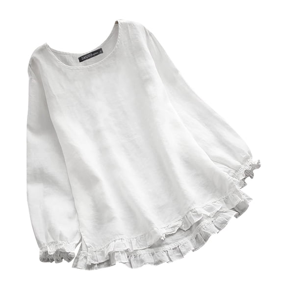 Shirts For Women Ladies Summer Solid Loose Ruffle Bottom Cuffs Crew Neck Long Sleeve Shirt Womens Tops