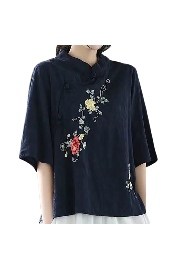 Shirts For Women Large Standing Collar Slanted Collar Embroidered Buckle Solid Color Medium Sleeve Cotton And Linen Short Top Womens Tops