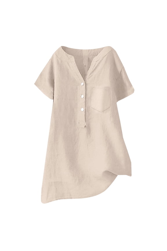 Shirts For Women Linen Blouse Beach Short Sleeve V Neck Button Down Top Casual Tunic Loose Shirt Womens Tops