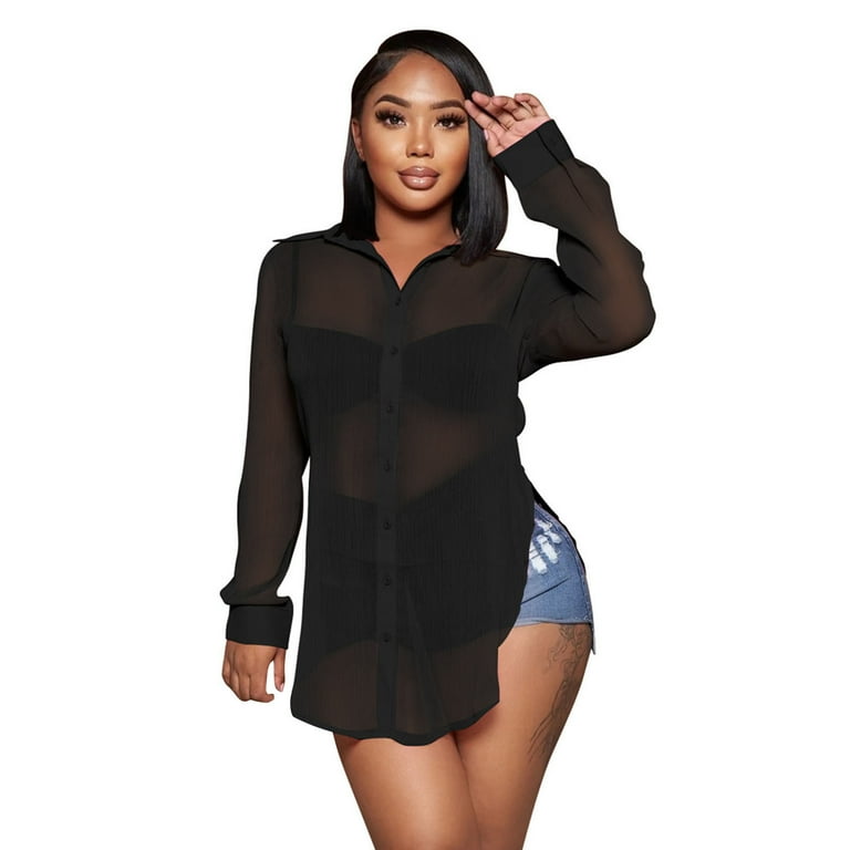 Tops for Women Long Sleeve See Through Lapel Open Chiffon Beach Cover Up  Shirt Black S