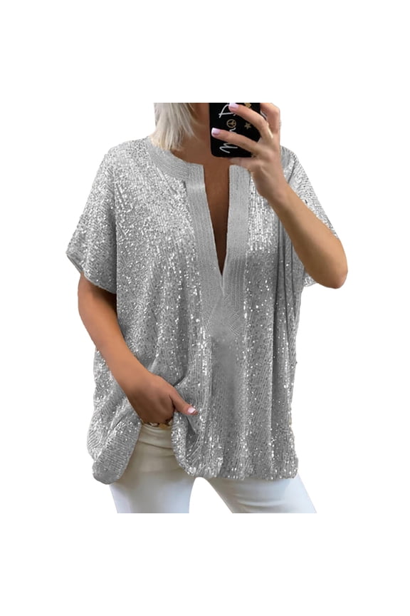 Shirts For Women Loose Sequin V Neck Short Sleeved Casual Shirt Short Sleeved Blouse Womens Tops