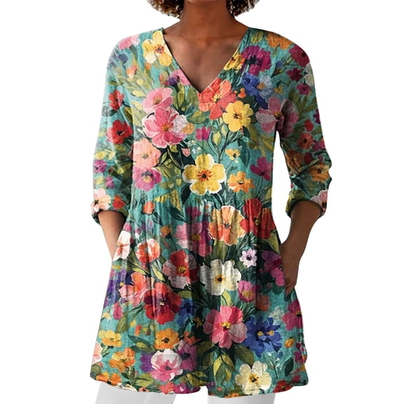 Shirts For Women New Summer Printed Group Shirt Linen V Neck Casual Shirt Long Sleeve Shirts For Women