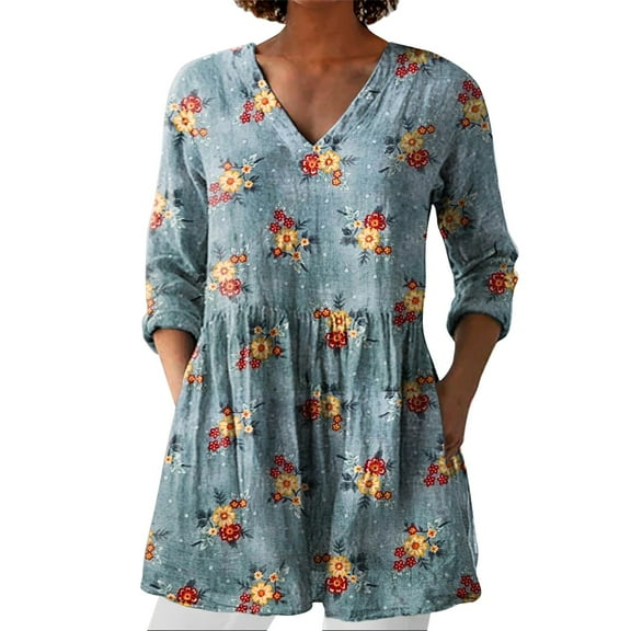 Shirts For Women New Summer Printed Group Shirt Linen V Neck Casual Shirt Long Sleeve Shirts For Women